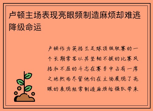 卢顿主场表现亮眼频制造麻烦却难逃降级命运
