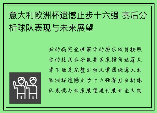 意大利欧洲杯遗憾止步十六强 赛后分析球队表现与未来展望 意大利欧洲杯遗憾止步十六强 赛后分析球队表现与未来展望